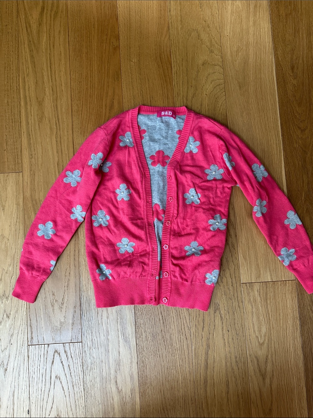 S&D Hot Pink Cardigan with Silver Floral Appliqué